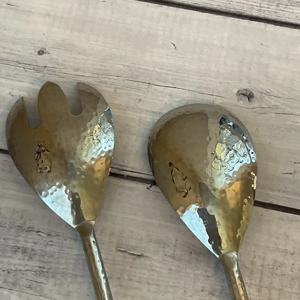 Salad Serving Utensil Set Fork Spoon Hammered Metal Blue Brown Beaded Handles